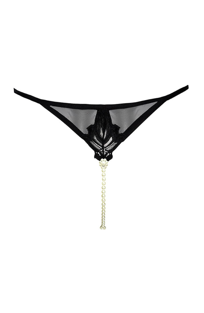 Black Lace Thong With Double Pearl Strings - Seductive Designer Lingerie