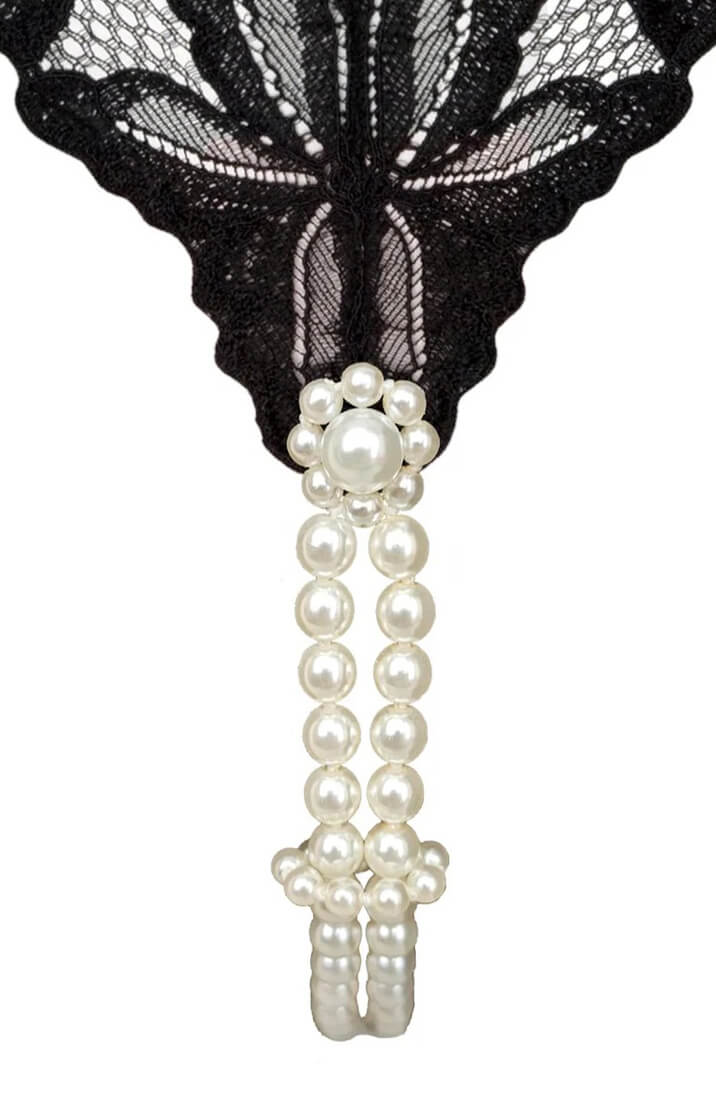 Black Lace G-String With White Manacor Pearls - Sensual Intimate Lingerie