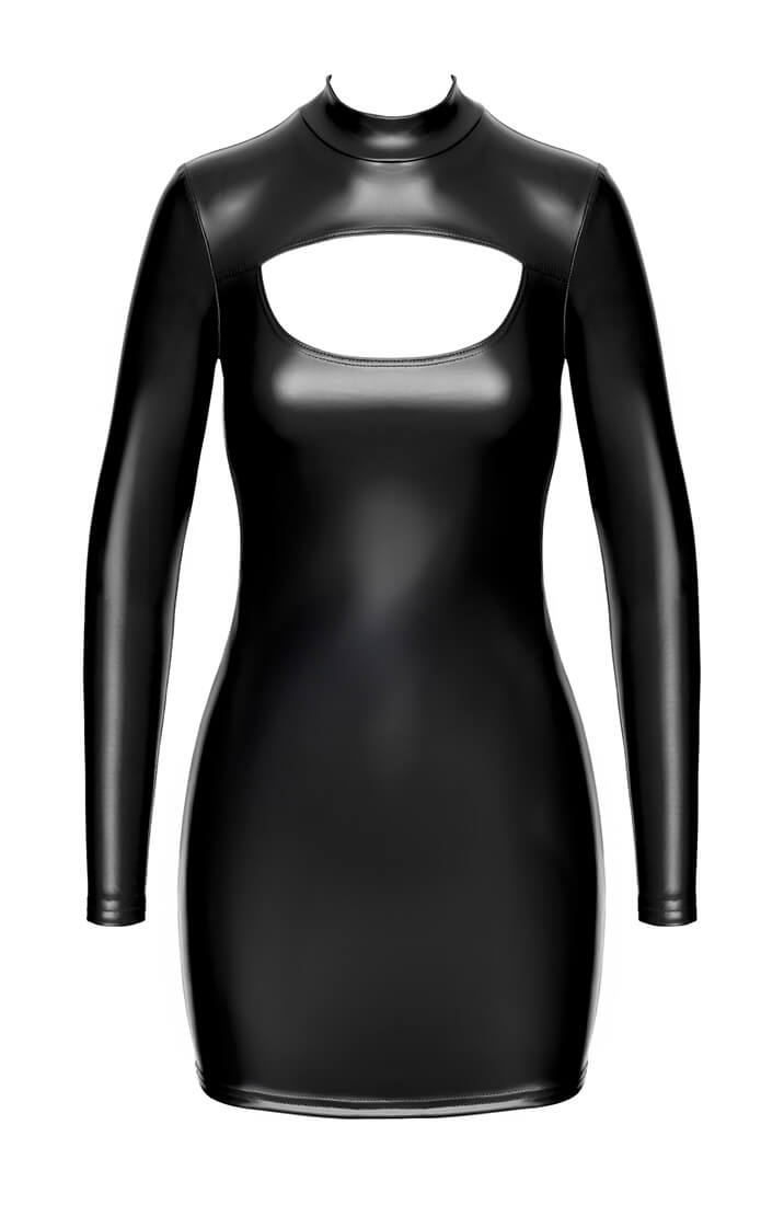 Black wet look mini dress with disciplined lines and confident presence