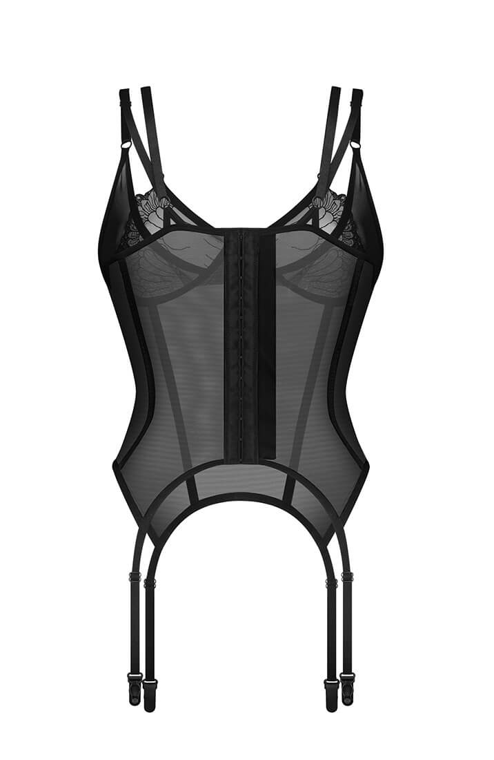 Back view of black bustier showing sensual closure and suspenders