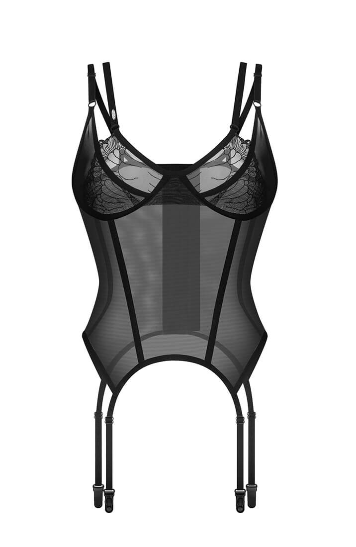 Sheer black bustier with sculpting vertical seams and garter straps