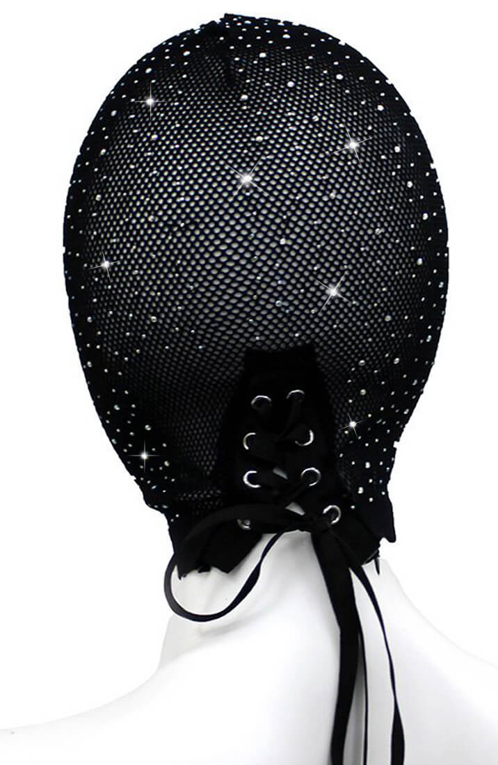 BDSM hood mask with sparkling rhinestones for roleplay