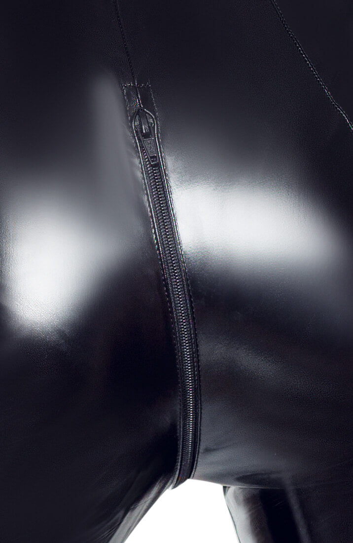 Seductive, glossy, and irresistibly sleek - this black vinyl catsuit with long sleeves is pure confidence