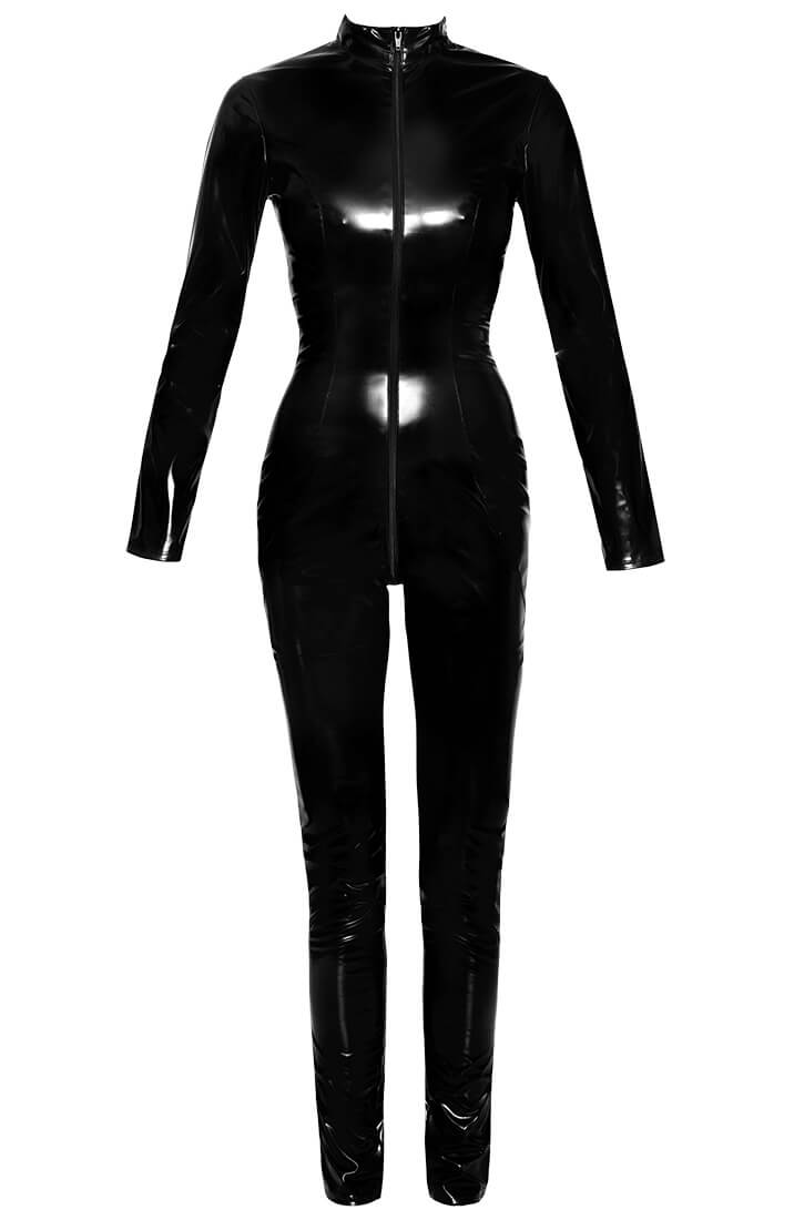 Black long-sleeve vinyl catsuit with a sleek, figure-hugging fit and high-gloss finish