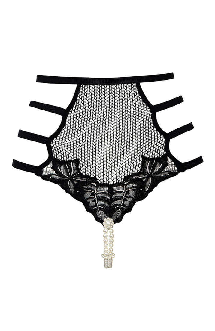 High-waisted black lace panty with double pearl string - COAX Copenhagen lingerie