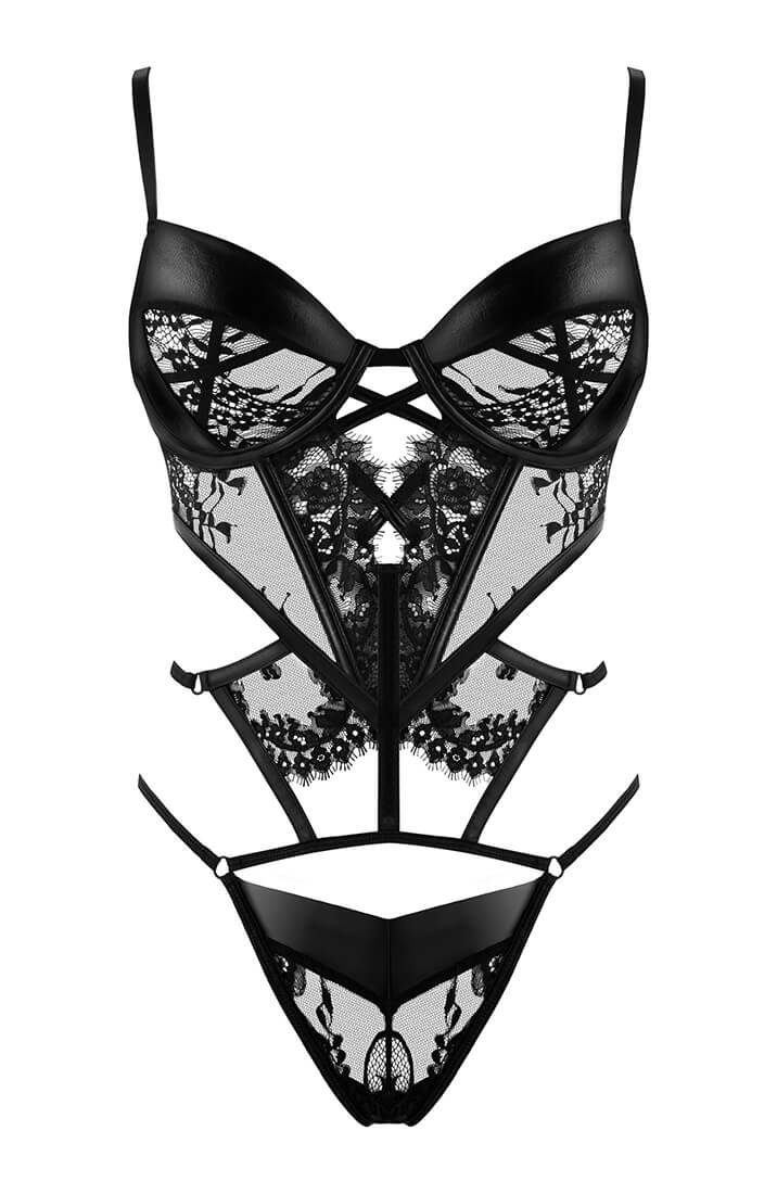Lace & wet look bodysuit lingerie
