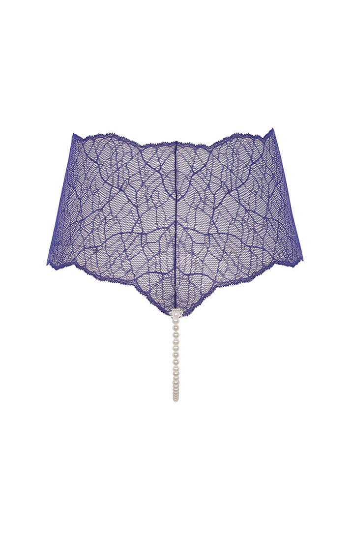 Blue high-cut lace panty with single white pearl string