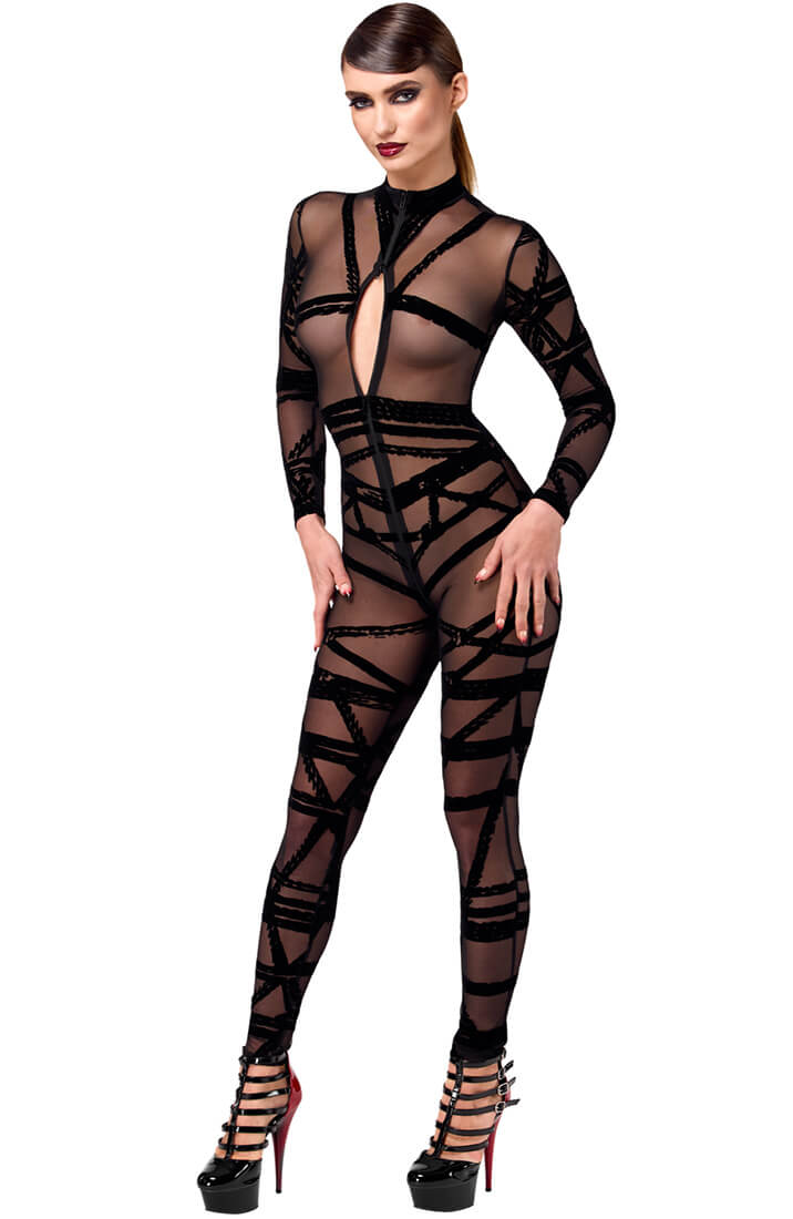 Model wearing black flocked Shibari mesh catsuit from COAX Copenhagen