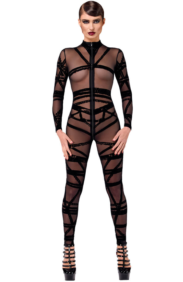 Black Flocked Shibari Mesh Catsuit with three-way zipper - COAX Copenhagen