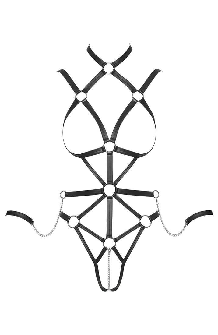 Adjustable fetish bodysuit with soft restraints and snap hook chains