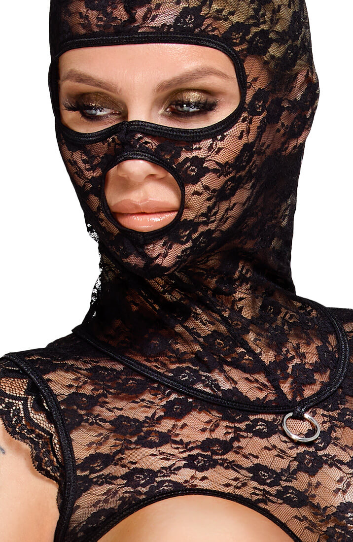 Black lace open cup lingerie with hood and detachable restraint details
