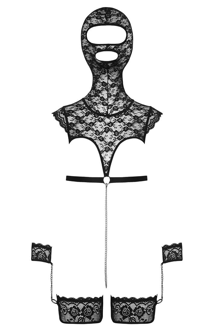 Seductive black lace harness top with thigh restraints and open bust