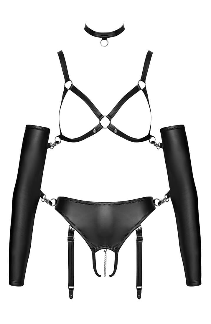 Matte black fetish lingerie set with adjustable bra and suspender straps from COAX Copenhagen