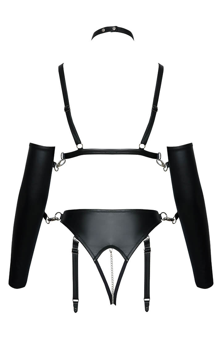 Crotchless suspender briefs and open bra set styled with silver-toned hardware