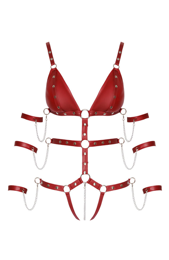 Seductive red strappy body with snap fasteners, open design, and restraints
