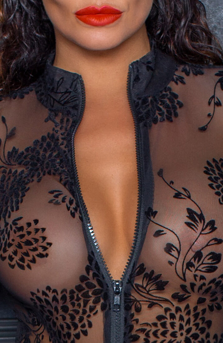 Sheer black catsuit with luxurious flock embroidery for an elegant, body-hugging fit