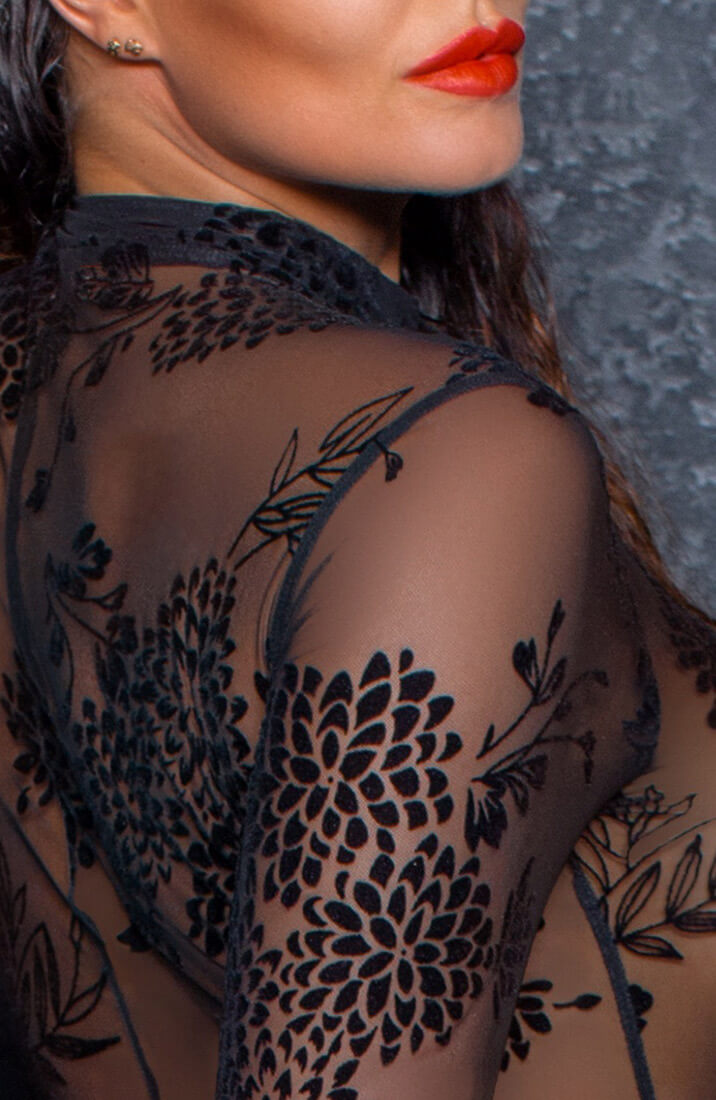 Dark romance at its finest - this sheer black catsuit with velvet-like flock embroidery is pure temptation