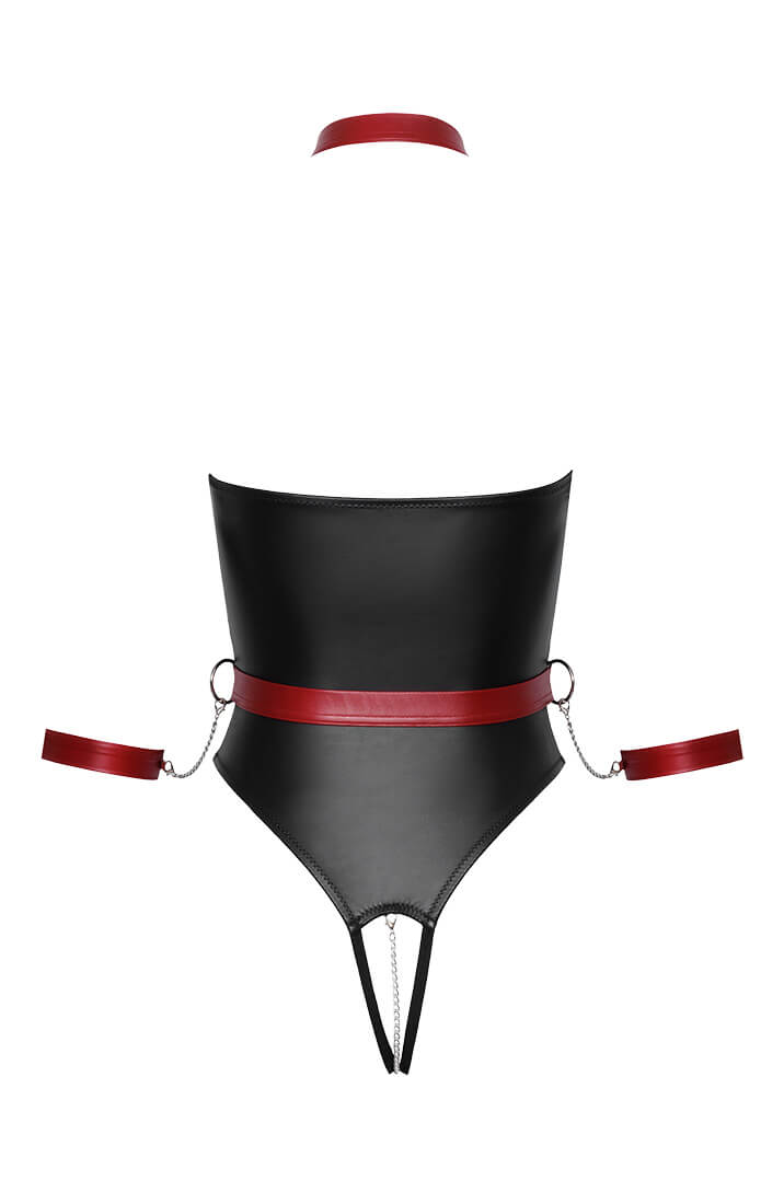 Black crotchless bodysuit with restraints & chain