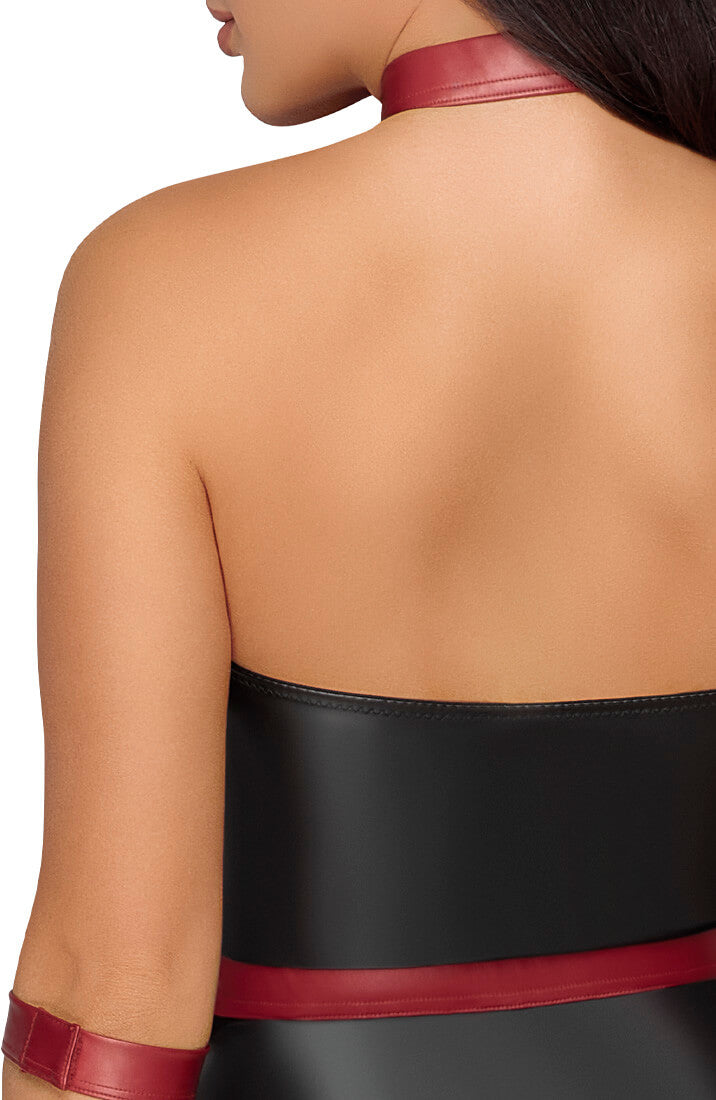 Black crotchless bodysuit with restraints & chain