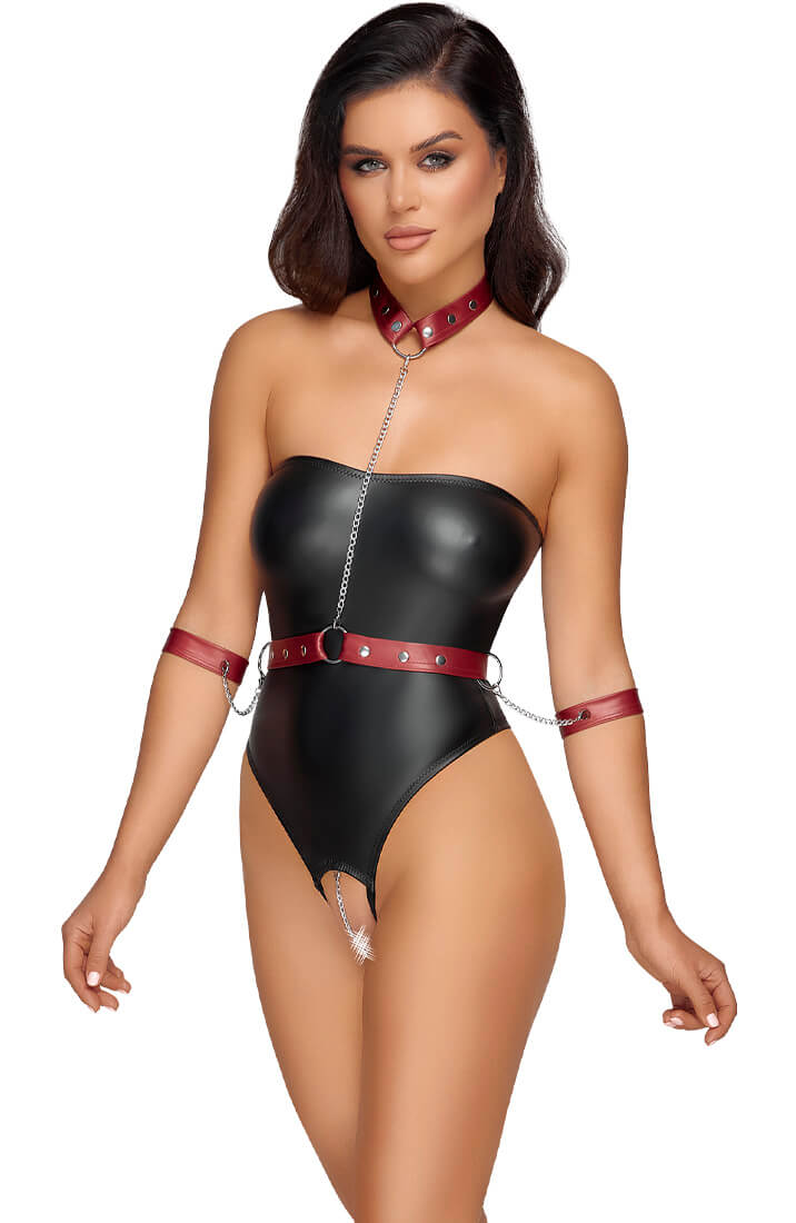 Black crotchless bodysuit with restraints & chain