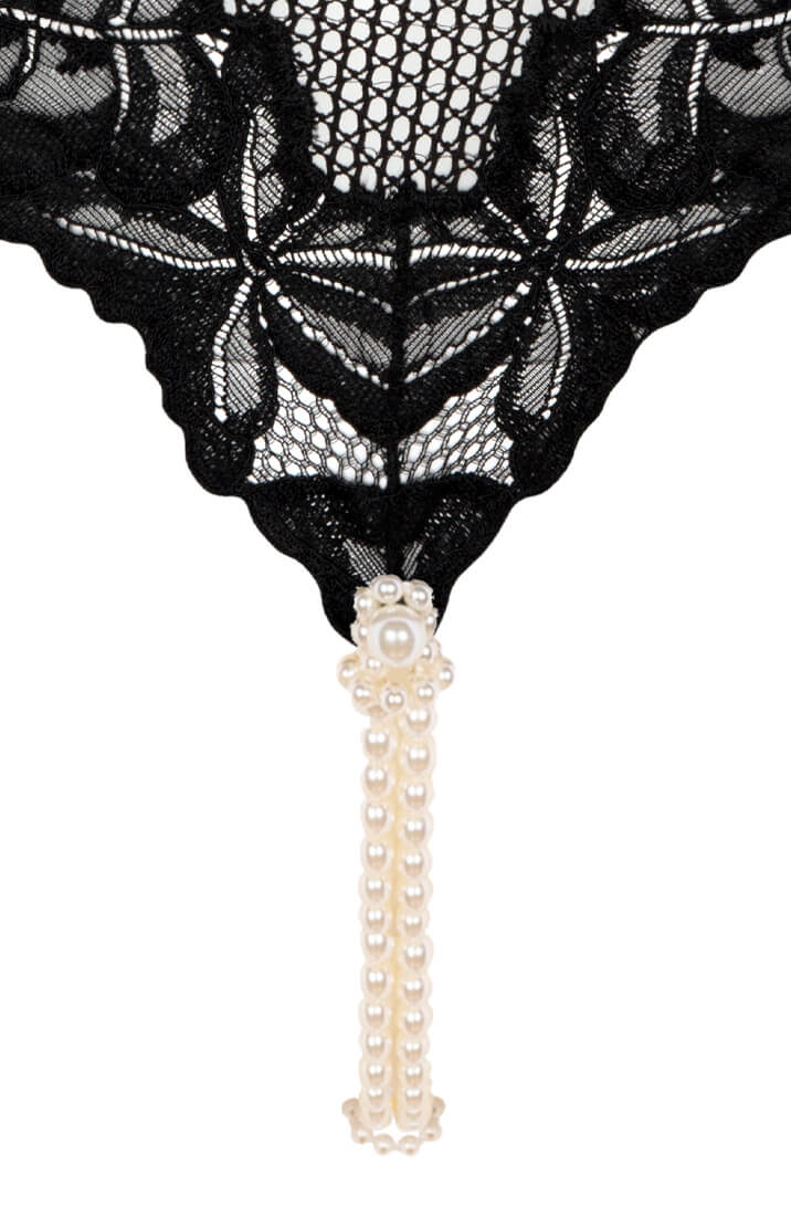Black High-Waisted Panty with Double Pearl String - close-up front