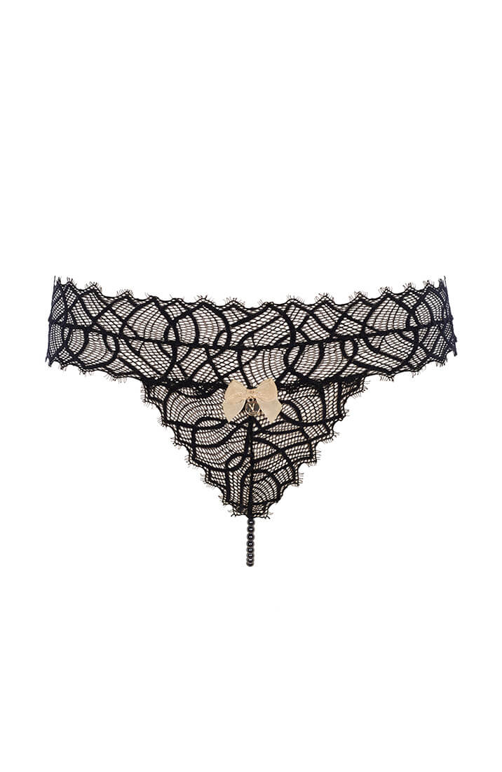 COAX Copenhagen provocative black G-string with stimulating pearl string and recycled lace