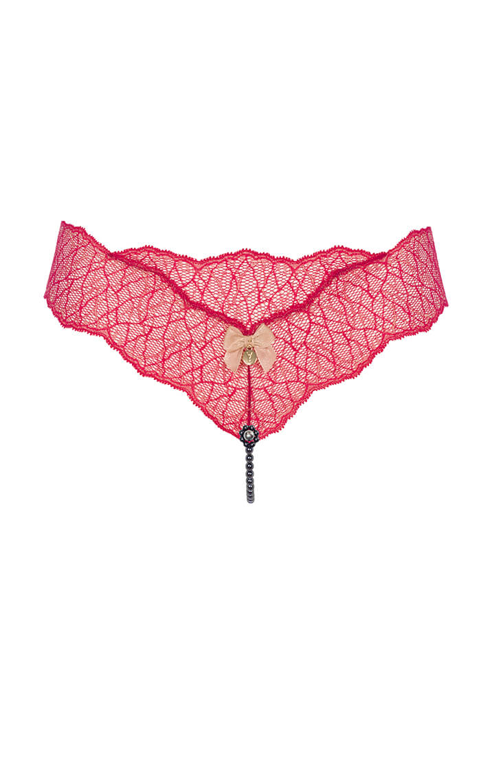 Red lace pearl thong with black Manacor pearls