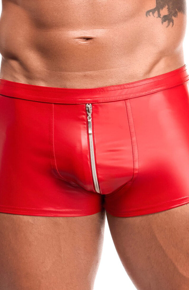 Red power wet look boxer shorts with front zip - COAX Fetish fashion COAX Copenhagen