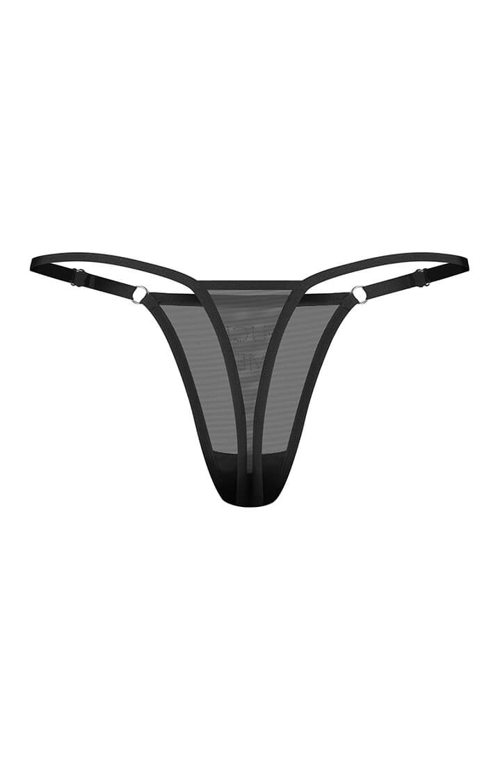 COAX Copenhagen sheer black rhinestone thong with ultra-slim adjustable straps