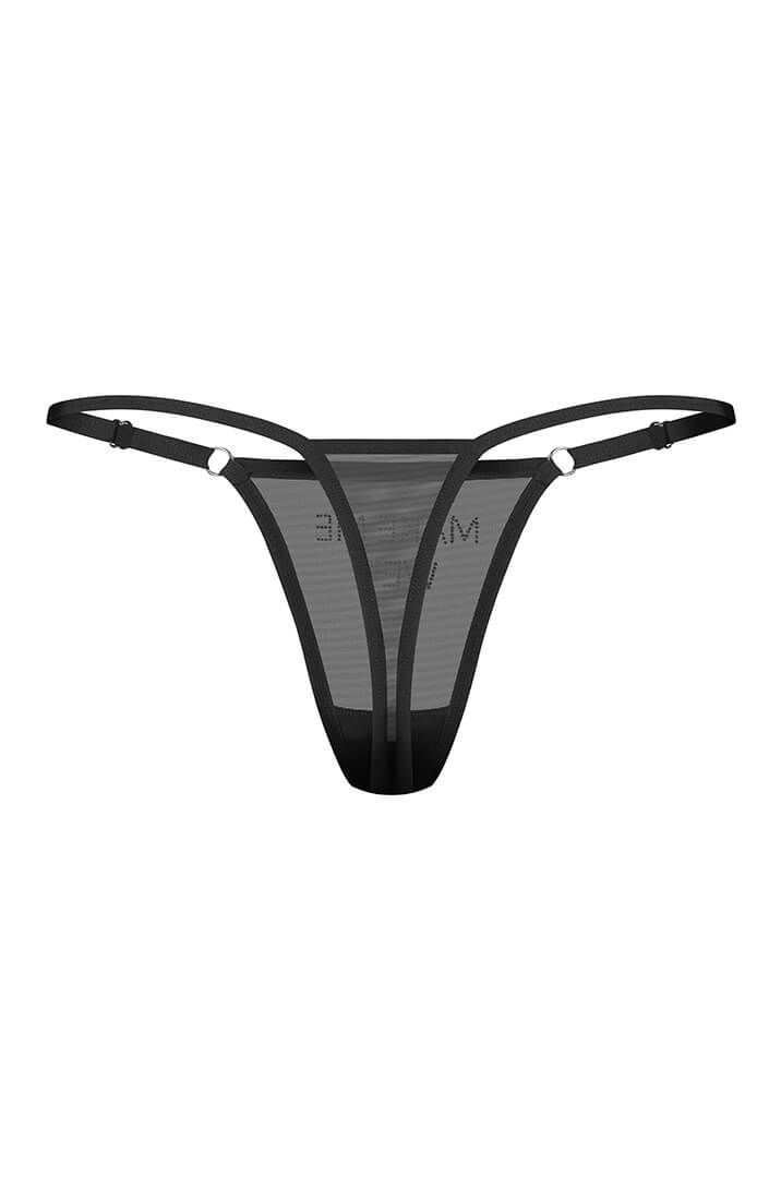 COAX Copenhagen sheer black rhinestone thong with slim adjustable side straps