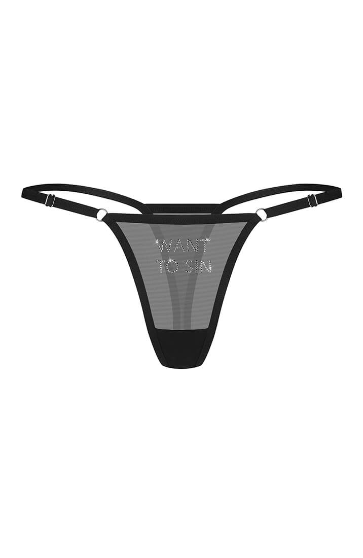 Sexy lingerie with WANT TO SIN rhinestone thong and minimal G-string silhouette