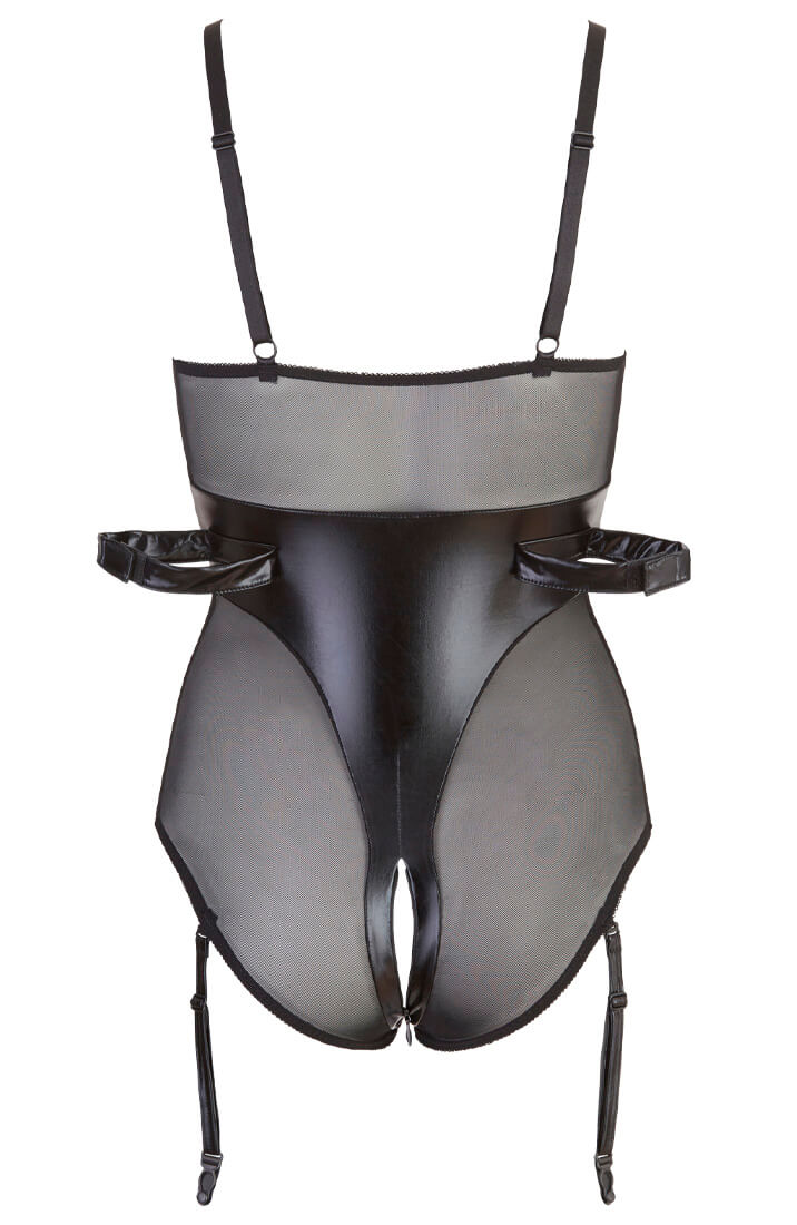 Wet look bodysuit lingerie with restraints