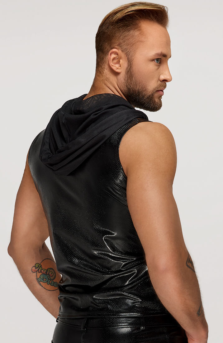 Wet look X snakeskin vest with hood - Impressive!