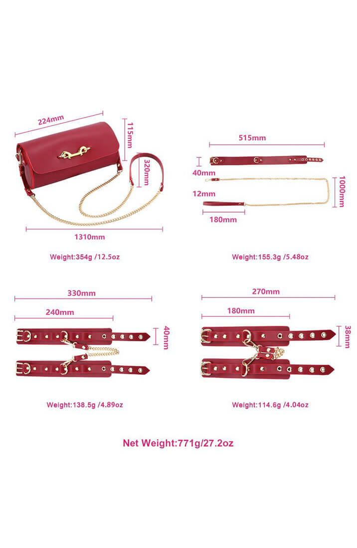 BDSM Deluxe 5 Item Kit - Red - measurements