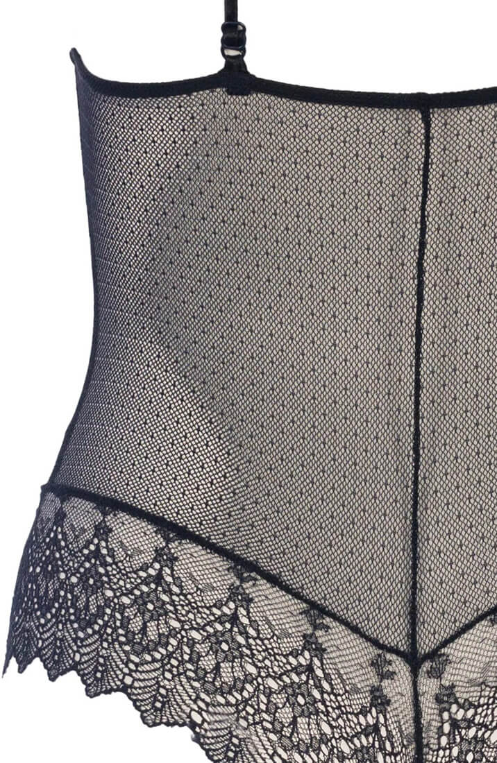 Back view of COAX Copenhagen black lace bodysuit with pearl string