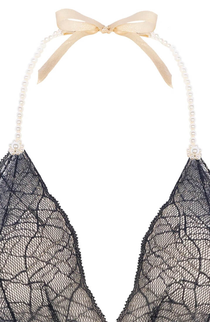 Black Bodysuit With Pearl String Detail - Exclusive Italian Lace Lingerie