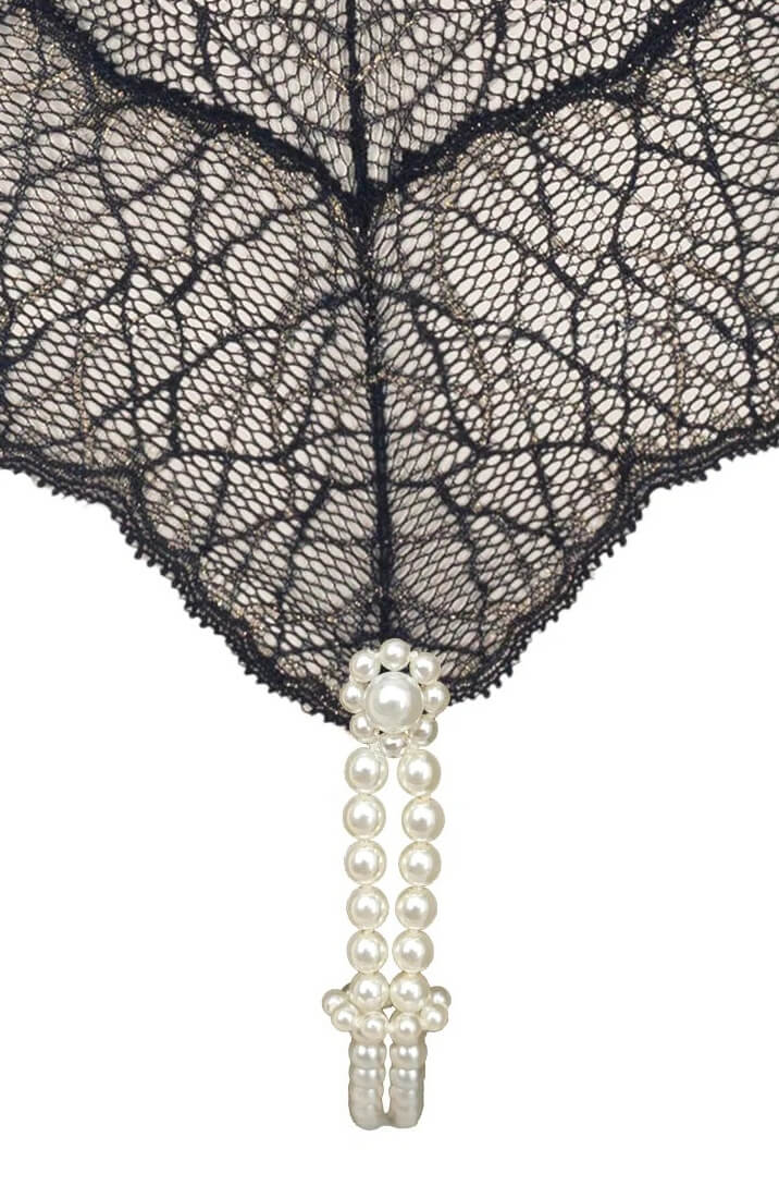 Black Italian Lace Bodysuit With White Manacor Pearls - Sensual Lingerie