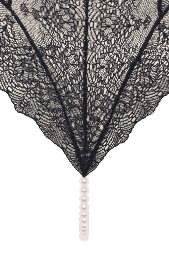 COAX Copenhagen black lingerie bodysuit with white pearls and satin tie closure