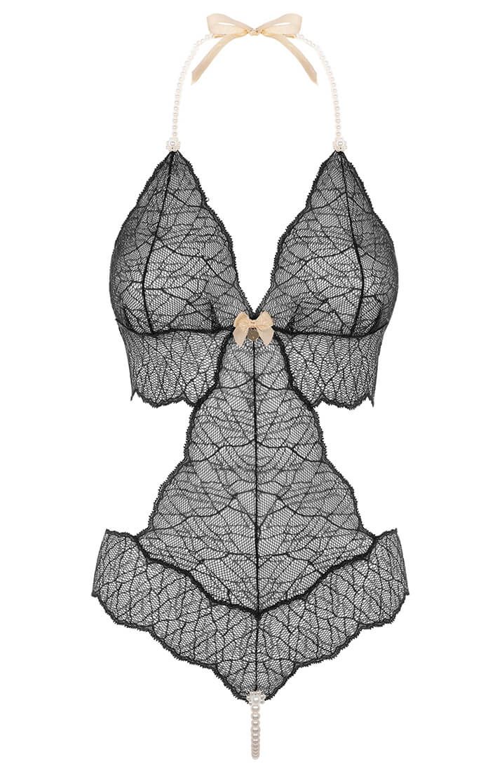 Black Lace Bodysuit With Pearl String - Sensual Lingerie