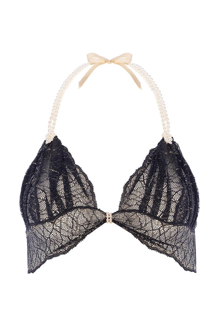 Black halter bralette with pearl strand and sheer lace cups from COAX Copenhagen