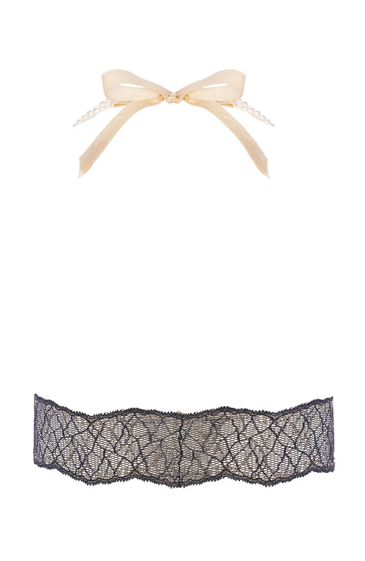 COAX Copenhagen black lace bralette with gold lurex detail and white Manacor pearls