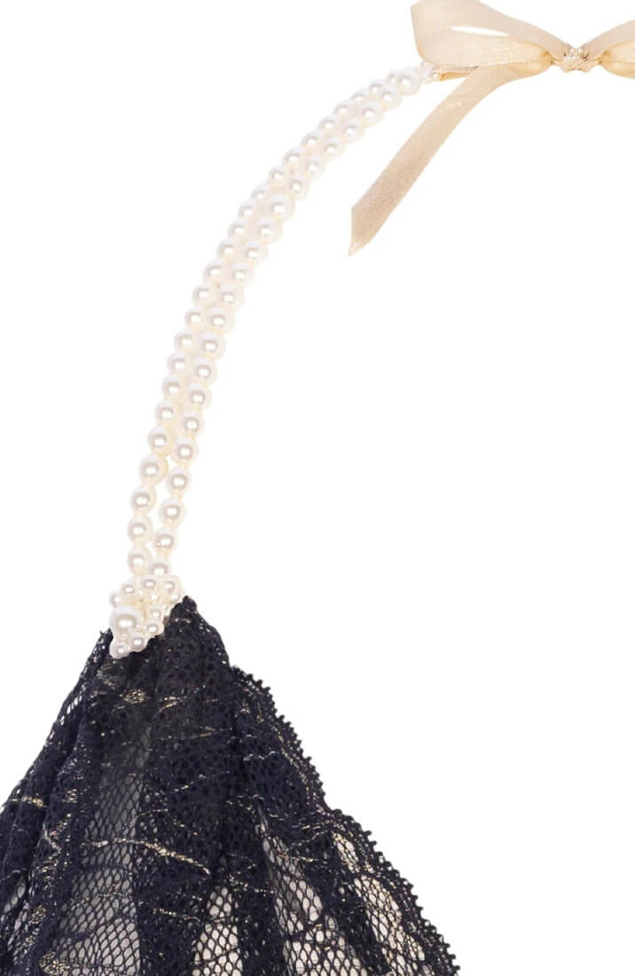 Luxury black lace bralette with double pearl strand and satin back tie by COAX Copenhagen