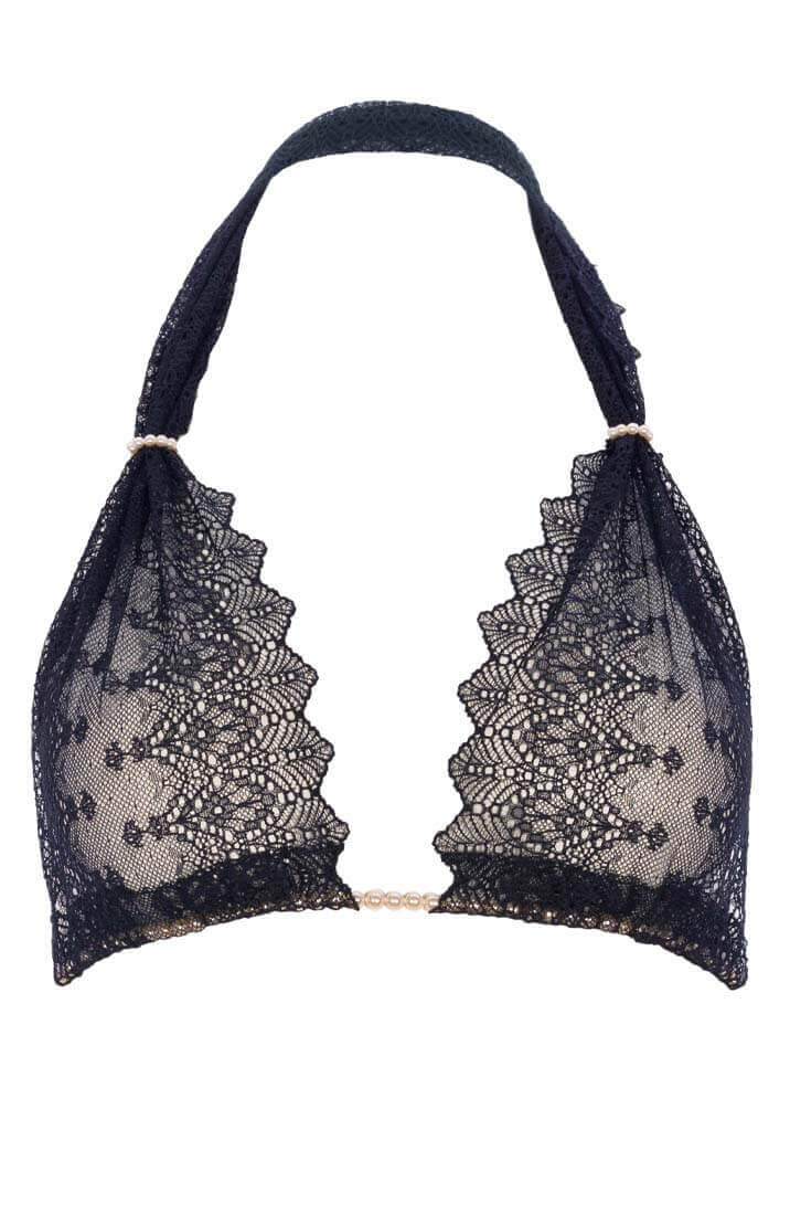 COAX Copenhagen black lingerie bralette adorned with white Manacor pearls for a sensual fit