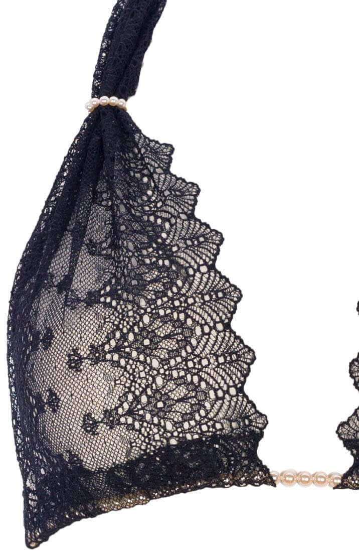 COAX Copenhagen black bralette with white Manacor pearls and sheer lace for seductive elegance