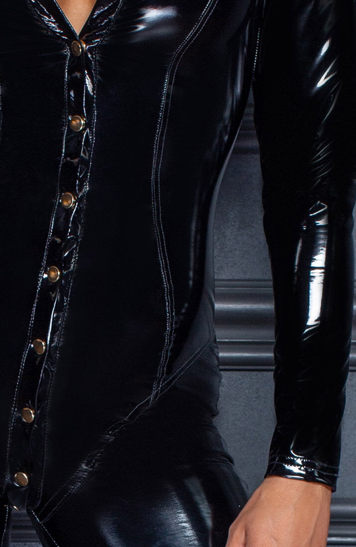 Command attention in this glossy black button-up PVC catsuit - bold, structured, and undeniably sexy