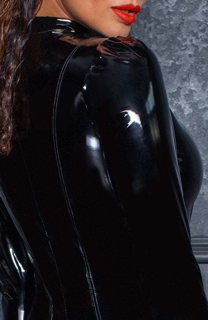 Drenched in confidence - button-up black PVC catsuit with a sculpting second-skin fit