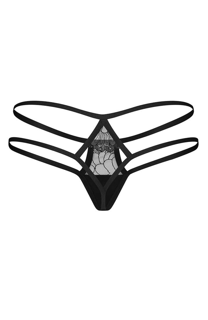 Black cage-strap thong with sheer lace and cut-out design