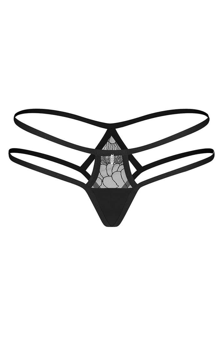 Strappy black lace thong styled for seductive lingerie look