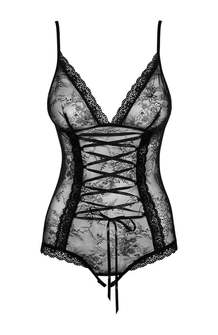 Black crotchless bodysuit with lace-up
