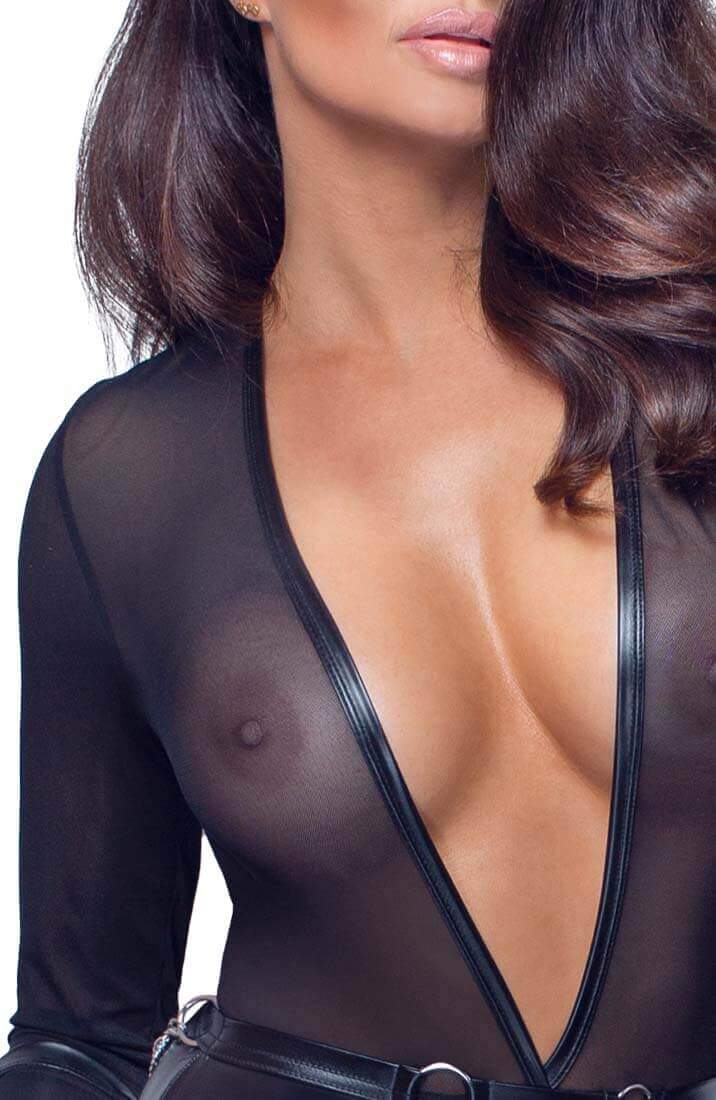 Black crotchless bodysuit lingerie with arm restraints